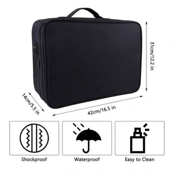 Large Makeup Case PU Leather Makeup Bag 3 Layers Adjustable Strap